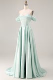 Off The Shoulder A-Line Satin Blue Bridesmaid Dress with Slit