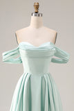 Off The Shoulder A-Line Satin Blue Bridesmaid Dress with Slit