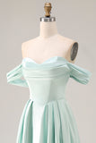 Off The Shoulder A-Line Satin Blue Bridesmaid Dress with Slit