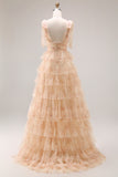 Green Floral Tiered V Neck Prom Dress with Bows