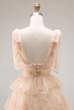 Green Floral Tiered V Neck Prom Dress with Bows