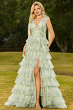 Green Floral Tiered V Neck Prom Dress with Bows