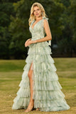 Green Floral Tiered V Neck Prom Dress with Bows