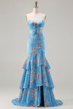 Blue Floral Mermaid Sweetheart Prom Dress With Slit