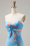 Blue Floral Mermaid Sweetheart Prom Dress With Slit
