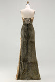 Strapless Black Golden Sequin Pearl Prom Dress With Slit