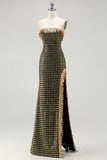 Strapless Black Golden Sequin Pearl Prom Dress With Slit