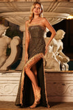 Sparkly Strapless Black Golden Prom Dress with Slit