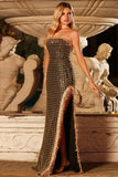 Sparkly Strapless Black Golden Prom Dress with Slit