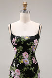 Black Pink Floral Tiered Sequin Prom Dress