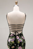 Black Pink Floral Tiered Sequin Prom Dress