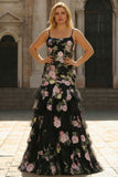 Black Pink Floral Plus Size Tiered Maxi Prom Dress