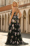 Black Pink Floral Plus Size Tiered Maxi Prom Dress