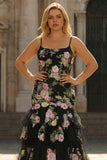 Black Pink Floral Plus Size Tiered Maxi Prom Dress