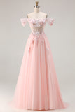Sparkly Off The Shoulder Corset A-Line Pink Prom Dress