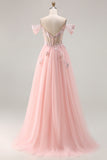 Sparkly Off The Shoulder Corset A-Line Pink Prom Dress