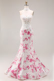 Strapless Mermaid Basque Waist White Fuchsia Floral Prom Dress