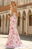 Strapless Mermaid Basque Waist White Floral Lace Prom Dress