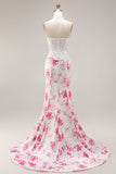 Strapless Mermaid Basque Waist White Floral Lace Prom Dress