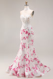 Strapless Mermaid Basque Waist White Fuchsia Floral Prom Dress