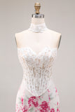 Strapless Mermaid Basque Waist White Fuchsia Floral Prom Dress