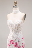 Strapless Mermaid Basque Waist White Fuchsia Floral Prom Dress