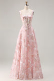 Pink Floral A-Line Corset Appliqued Maxi Prom Dress