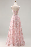 Pink Floral A-Line Corset Appliqued Maxi Prom Dress