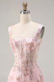 Pink Floral A-Line Corset Maxi Prom Dress With Sequins