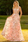 Pink Floral A-Line Corset Appliqued Maxi Prom Dress