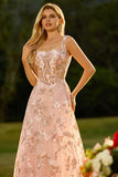 Pink Floral A-Line Corset Appliqued Maxi Prom Dress