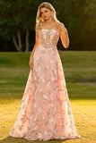 Pink Floral A-Line Corset Appliqued Maxi Prom Dress