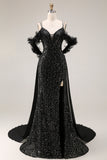 Sparkly Cold Shoulder Black Maxi Prom Dress with Slit