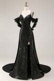Sparkly Cold Shoulder Black Maxi Prom Dress with Slit