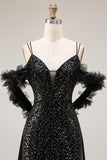 Sparkly Cold Shoulder Black Maxi Prom Dress with Slit