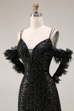 Sparkly Cold Shoulder Black Maxi Prom Dress with Slit