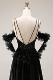 Sparkly Cold Shoulder Black Maxi Prom Dress with Slit