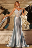 Light Blue Mermaid Satin Corset Strapless Cut Out Prom Dress
