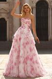 Strapless Basque Waist A Line White Fuchsia Floral Prom Dress
