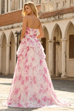 Strapless Basque Waist A Line White Fuchsia Floral Prom Dress