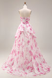 Strapless Basque Waist A Line White Fuchsia Floral Prom Dress