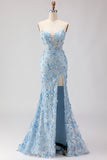Sparkly Blue Sweetheart Mermaid Appliqued Prom Dress
