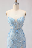 Sparkly Blue Sweetheart Mermaid Appliqued Prom Dress
