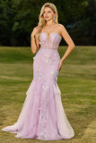 Purple Strapless Lace Mermaid Prom Dress With 3D Flowers