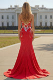Sparkly Red Mermaid Strapless Beaded Prom Dress