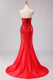 Sparkly Red Mermaid Strapless Beaded Prom Dress