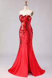 Sparkly Red Mermaid Strapless Beaded Prom Dress