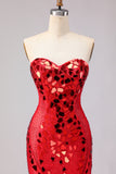 Sparkly Red Mermaid Strapless Beaded Prom Dress