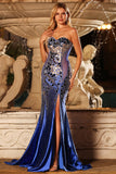 Sparkly Beaded Mermaid Royal Blue Strapless Prom Dress