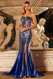 Sparkly Beaded Mermaid Royal Blue Strapless Prom Dress